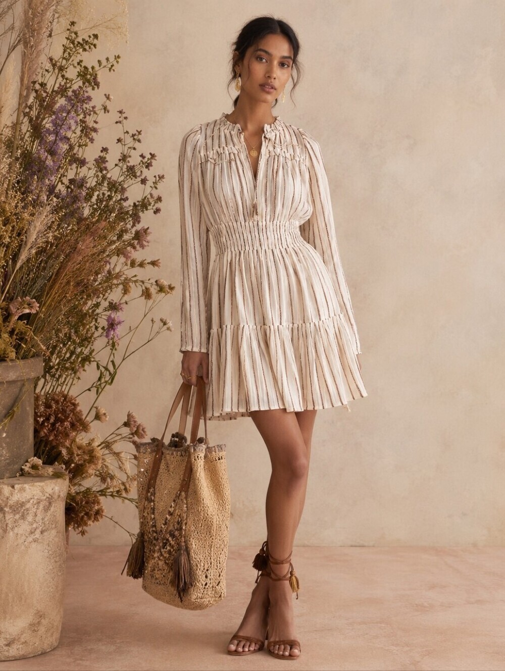 Ulla Johnson Rosalind Striped Cotton and Lurex Smocked Mini Dress